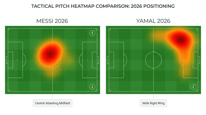 Heatmaps reveal the contrasting roles: Messi orchestrates from the center, while Yamal isolates defenders on the wing.
