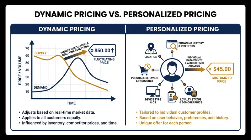 While dynamic pricing adjusts to market conditions, personalized pricing targets the individual buyer's inferred willingness to pay.