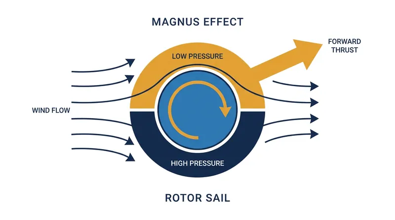 The Magnus effect creates a pressure differential around the spinning cylinder, generating forward thrust perpendicular to the wind.