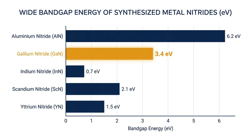 Gallium nitride's wide bandgap of 3.4 eV is what makes it highly efficient for blue and ultraviolet light emission.