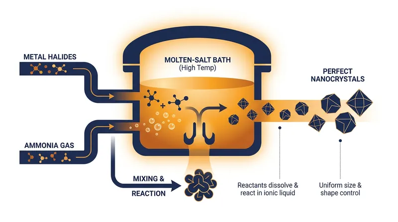 The molten-salt method utilizes high temperatures and ammonia pressure to allow strong metal-nitrogen bonds to dynamically break and reform.