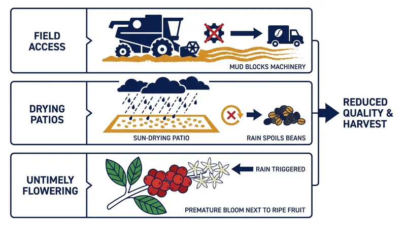 Rain during the harvest season creates logistical bottlenecks and threatens the biological cycle of the coffee trees.