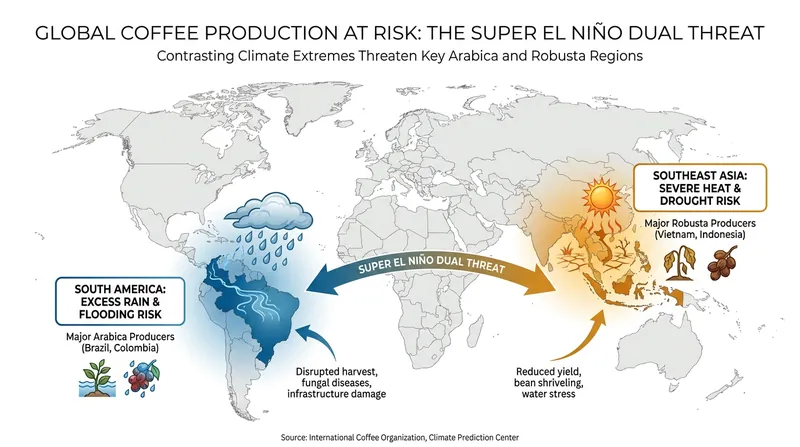 The emerging Super El Niño pattern threatens both Arabica crops in the Americas and Robusta crops in Asia.