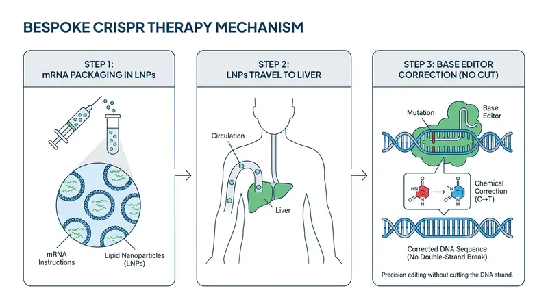 Unlike traditional CRISPR, base editing chemically alters a single DNA letter without breaking the double helix.