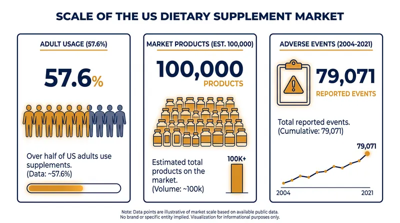 The scale of the U.S. dietary supplement industry and its reported adverse events.
