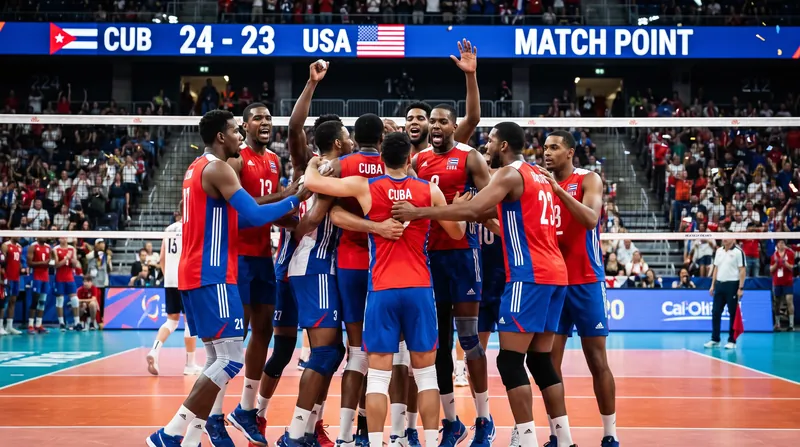 The Cuban squad celebrates their historic qualification for the VNL Finals.