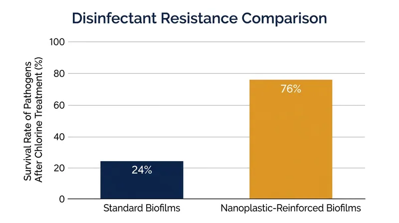 Pathogens housed in nanoplastic-reinforced biofilms show significantly higher survival rates post-disinfection.