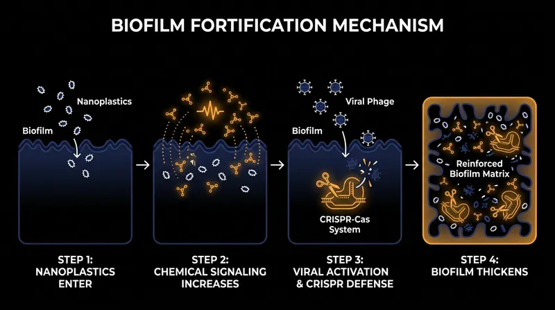 How nanoplastics trigger a defensive cascade that thickens bacterial biofilms.