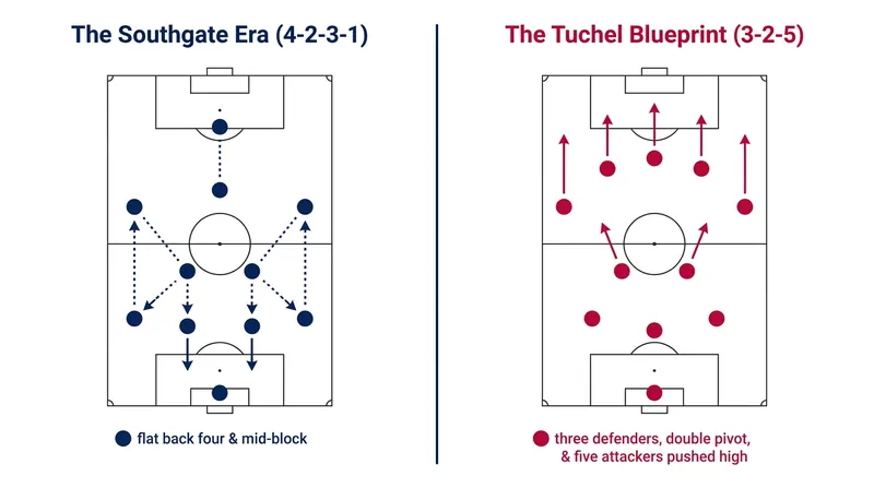 Tuchel's 3-2-5 in-possession structure commits five players to the attacking line, stretching opposition defenses.