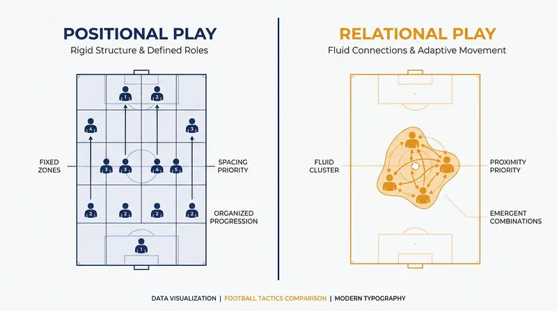 Positional play emphasizes strict spacing, while relational play encourages players to swarm the ball and build short passing networks.