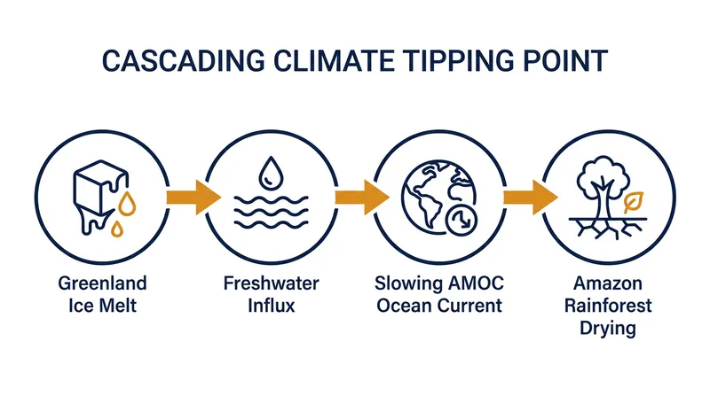 Tipping points are interconnected; the collapse of one system, like the Greenland Ice Sheet, can trigger a cascade of secondary failures.