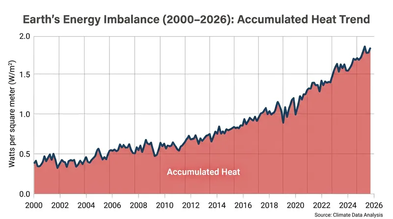 Data from NASA's CERES satellites shows a distinct acceleration in energy uptake over the last two decades.