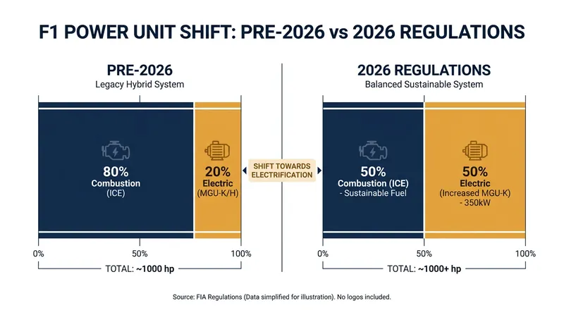 The 2026 regulations mandate a 50/50 split between internal combustion and electrical power.