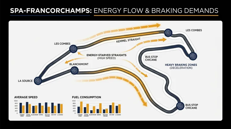 Spa-Francorchamps features long straights and few heavy braking zones, making it difficult for the 2026 cars to harvest enough energy.