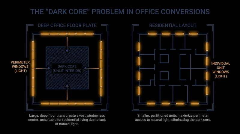 The 'dark core' of mid-century office buildings makes it difficult to design traditional apartments, as residential bedrooms require exterior windows.