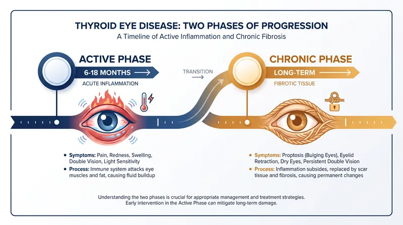 Thyroid Eye Disease progresses from an active inflammatory phase to a chronic fibrotic phase.