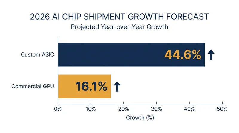 Custom ASIC shipments are projected to outpace commercial GPUs for the first time in 2026.