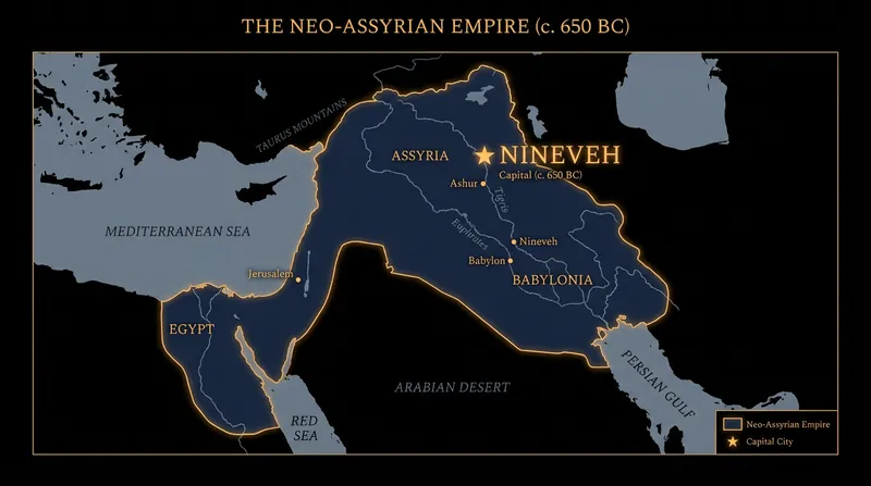 At its peak under King Ashurbanipal, the Neo-Assyrian Empire stretched from the Persian Gulf to the Mediterranean Sea.