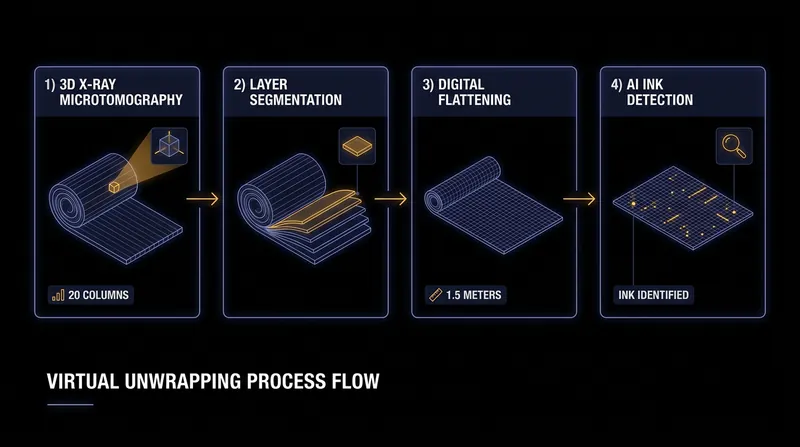 The digital pipeline used by the Vesuvius Challenge to read carbonized scrolls without physically opening them.