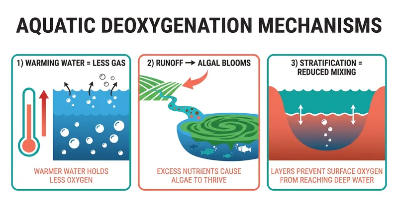 The three primary drivers of aquatic deoxygenation: warming waters, nutrient pollution, and ocean stratification.