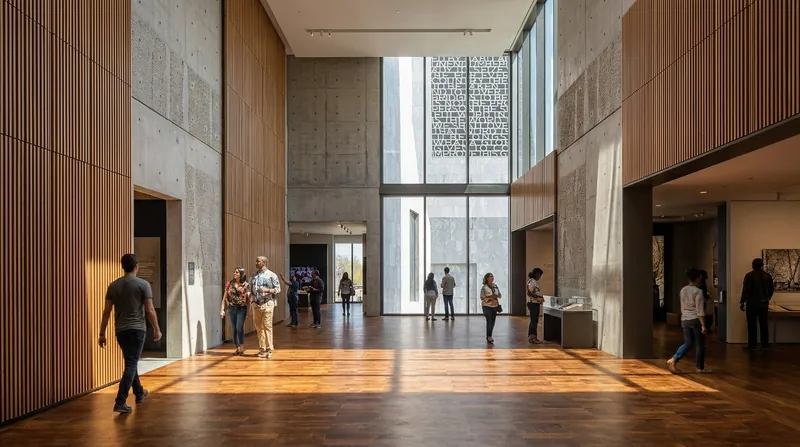 The museum's interior features warm wood finishes and a double-height central hall designed to accommodate large public gatherings.