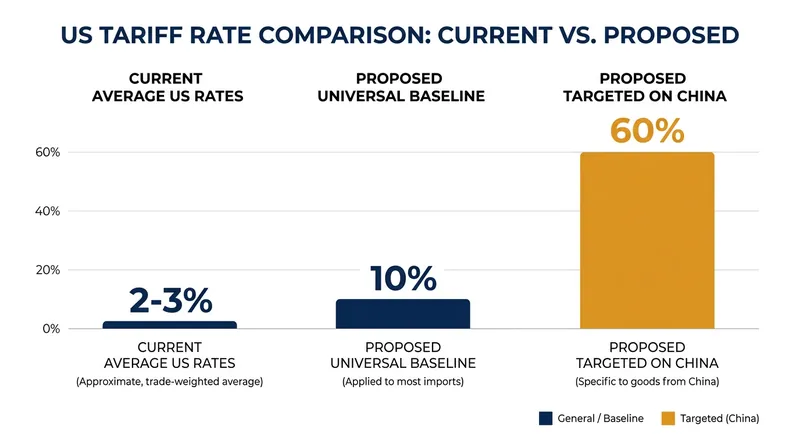 A comparison of current average tariff rates against proposed economic nationalist policies.