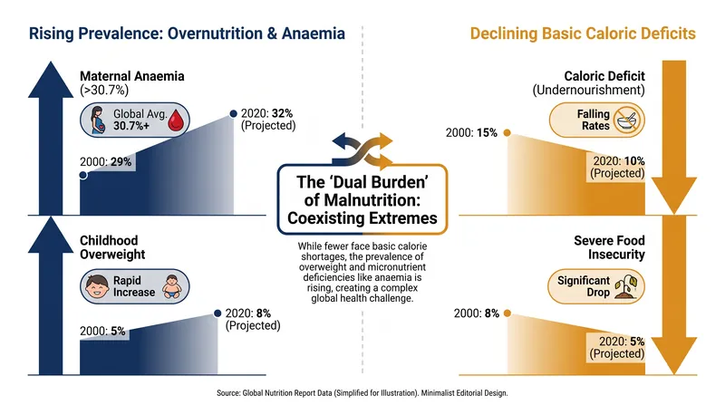 The 'dual burden' of malnutrition: as basic starvation falls, diet-related conditions like anaemia and overweight are widening.