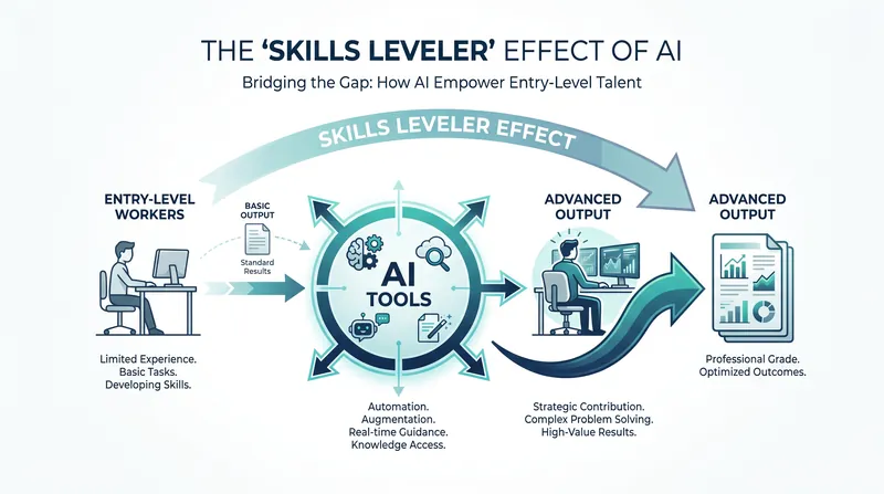 AI is increasingly acting as a 'skills leveler,' allowing junior employees to execute complex tasks earlier in their careers.