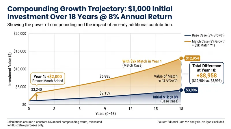 How the initial $1,000 seed grant compounds over 18 years, with and without private matching funds.