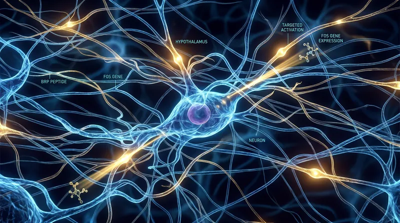 The BRP molecule navigates directly to the hypothalamus, the brain's master control center for energy and hunger.