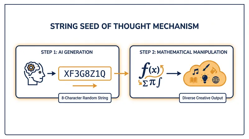 The SSoT prompt forces the AI to generate a random string first, using it as a seed to shape the final answer.