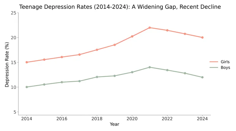 While overall rates are falling, teenage girls continue to report major depressive episodes at significantly higher rates than boys.