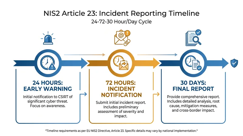 Article 23 enforces a strict three-stage reporting timeline for significant cyber incidents.