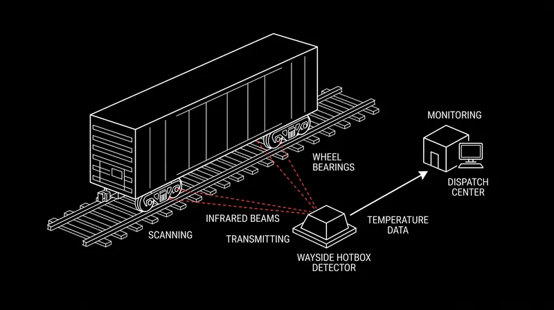 Hotbox detectors use infrared sensors to identify abnormal heat signatures before an axle seizes.