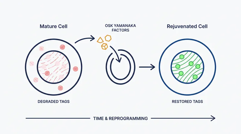 Partial reprogramming aims to restore youthful epigenetic markers without erasing the cell's specialized identity.