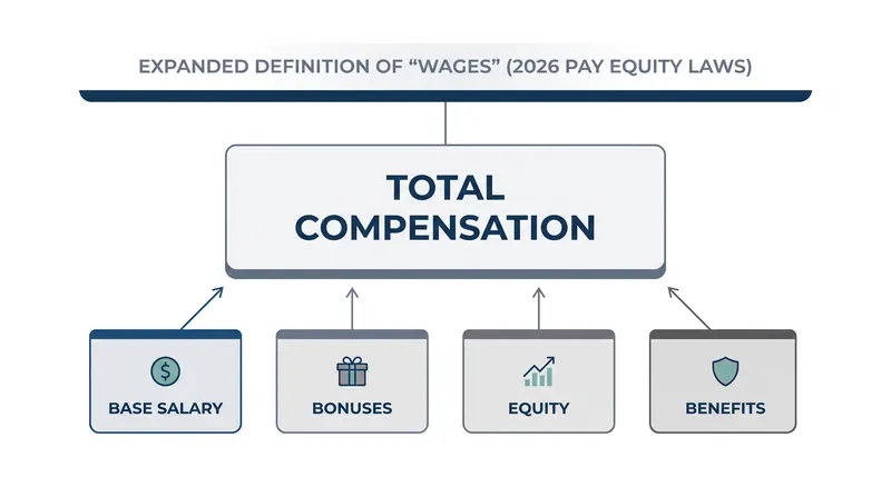 Under new legislation, 'wages' now encompass total compensation, including bonuses and equity.
