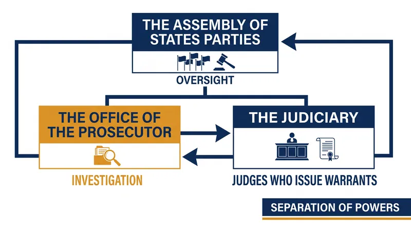 The ICC's structure separates administrative oversight from independent judicial functions, insulating arrest warrants from prosecutorial turnover.