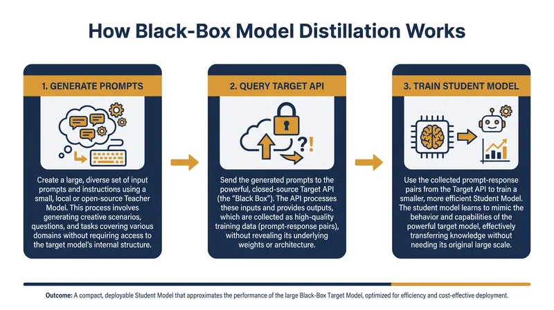 A black-box distillation attack extracts capabilities without ever accessing the target model's underlying code.
