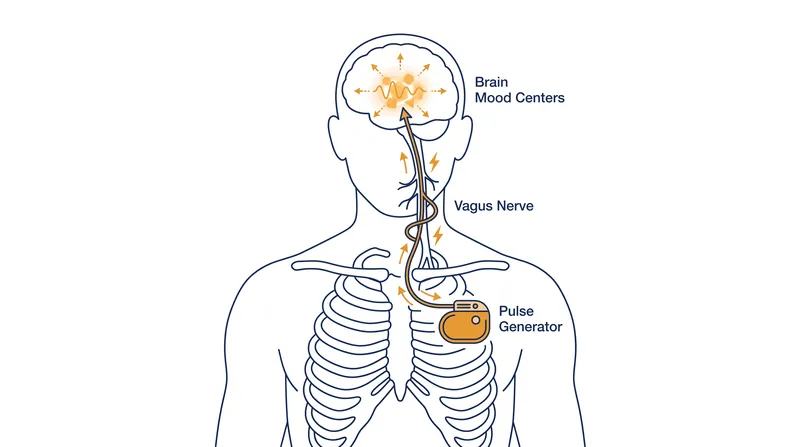 Mechanism of Action: The implanted device sends intermittent electrical pulses up the vagus nerve to modulate brain activity.