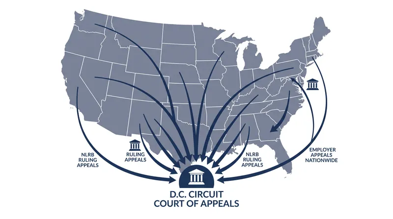 Because any aggrieved party can appeal an NLRB order to the D.C. Circuit, the court's rulings have immediate nationwide impact.