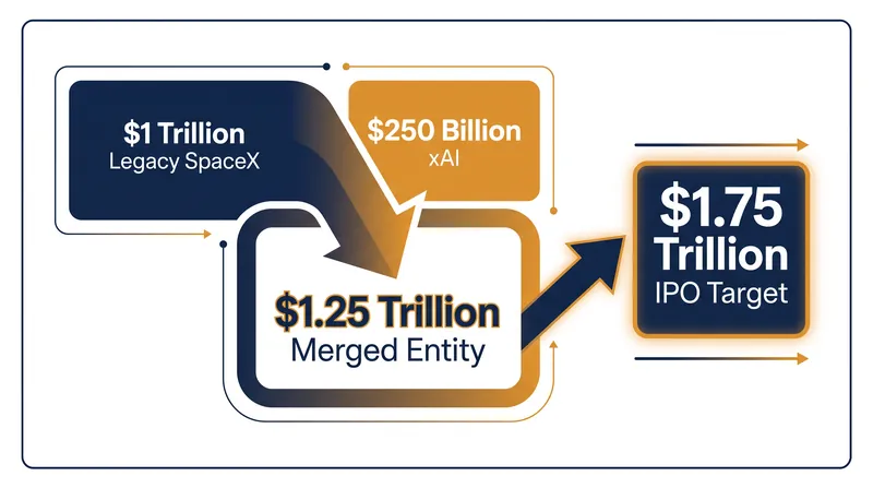 The February 2026 all-stock merger with xAI significantly boosted SpaceX's baseline valuation ahead of its public debut.