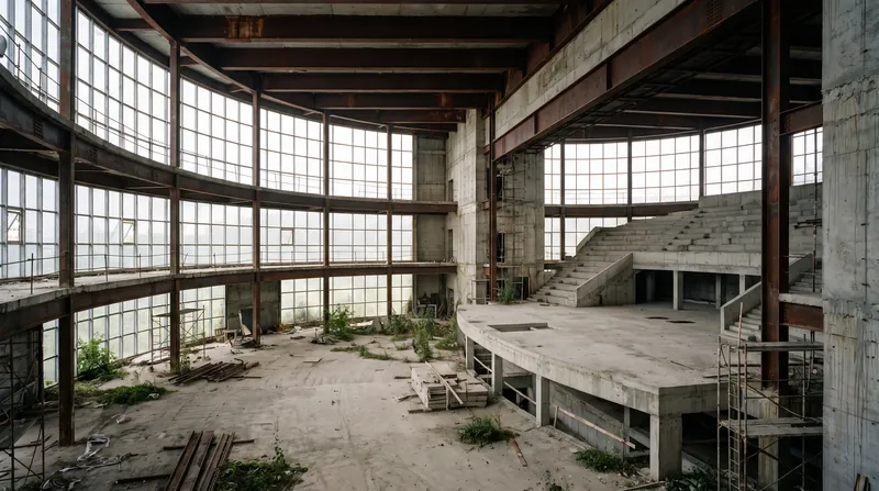 The 566-seat musical theater was largely completed but never hosted a single public performance.