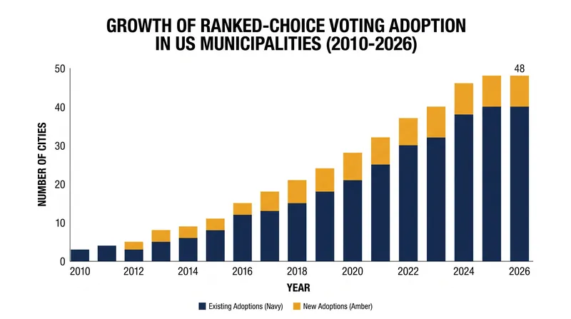 The number of US municipalities utilizing ranked-choice voting has grown steadily over the past decade.