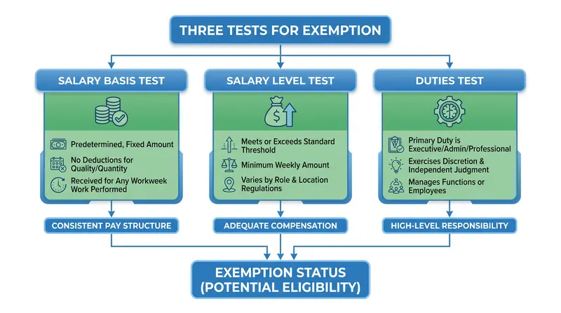 Employees must pass all three tests to be legally exempt from overtime pay.