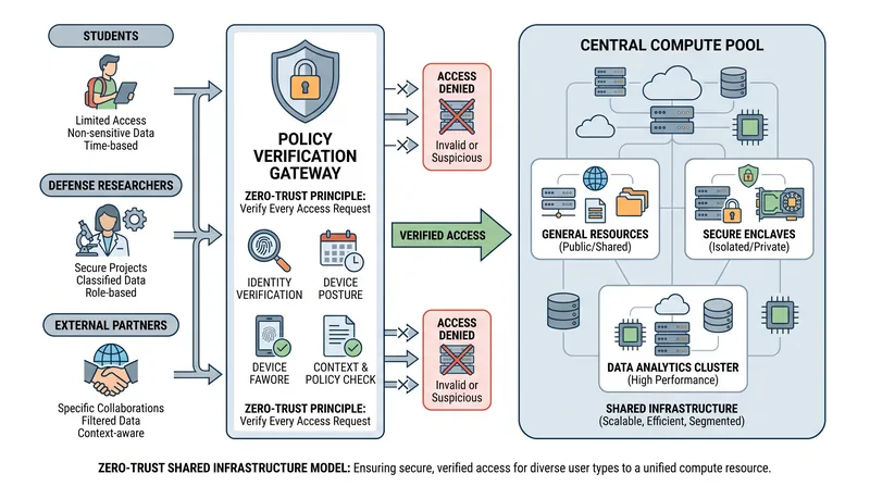 How zero-trust architecture allows classified and academic research to share the same physical hardware safely.