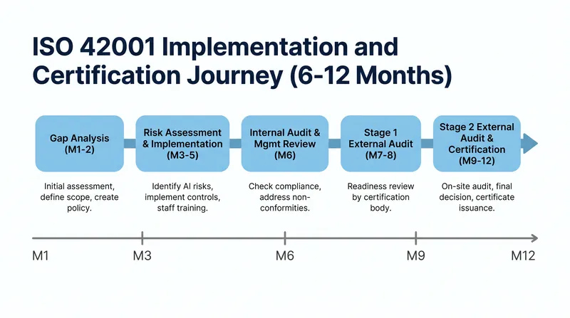 Achieving ISO 42001 certification is a multi-stage process that typically spans six to twelve months.