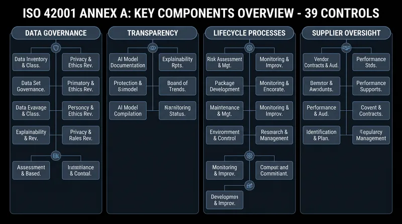 Annex A of the standard outlines 39 specific controls designed to mitigate the unique risks of AI deployment.