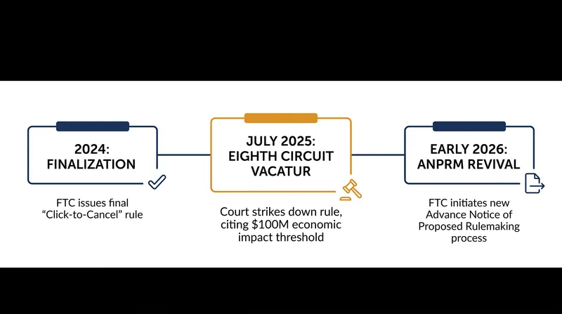 The regulatory timeline of the FTC's effort to ban deceptive negative option marketing.