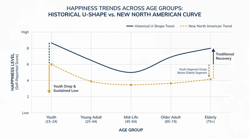The historical U-shaped curve of happiness has inverted in North America, with youth now reporting lower life satisfaction than older generations.