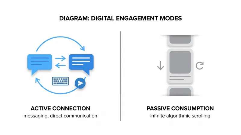 Platforms that facilitate active connection correlate with higher happiness, while algorithmic feeds drive passive consumption and isolation.
